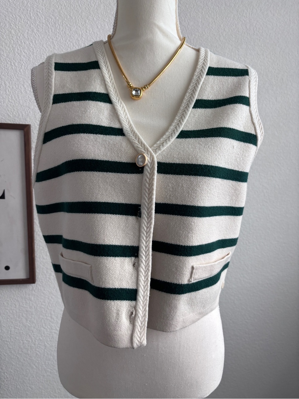 Scotch & Soda Cream V-Neck Sweater Vest with Dark Green Stripes